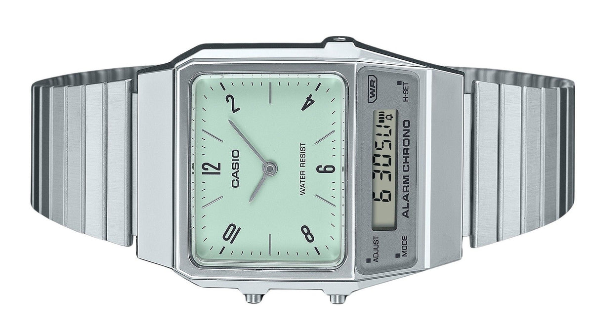 Casio Vintage Analog Digital Dual Time Stainless Steel Bracelet Green Dial Quartz AQ-800E-3A Unisex Watch