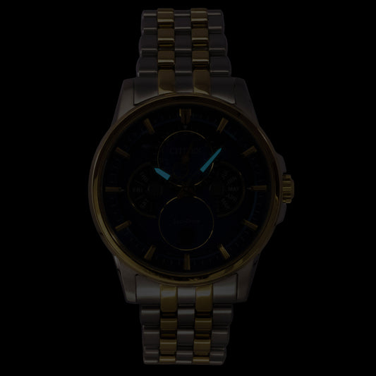 Citizen Calendrier Moonphase Two Tone Stainless Steel Blue Dial Eco-Drive BU0054-52L 100M Men's Watch