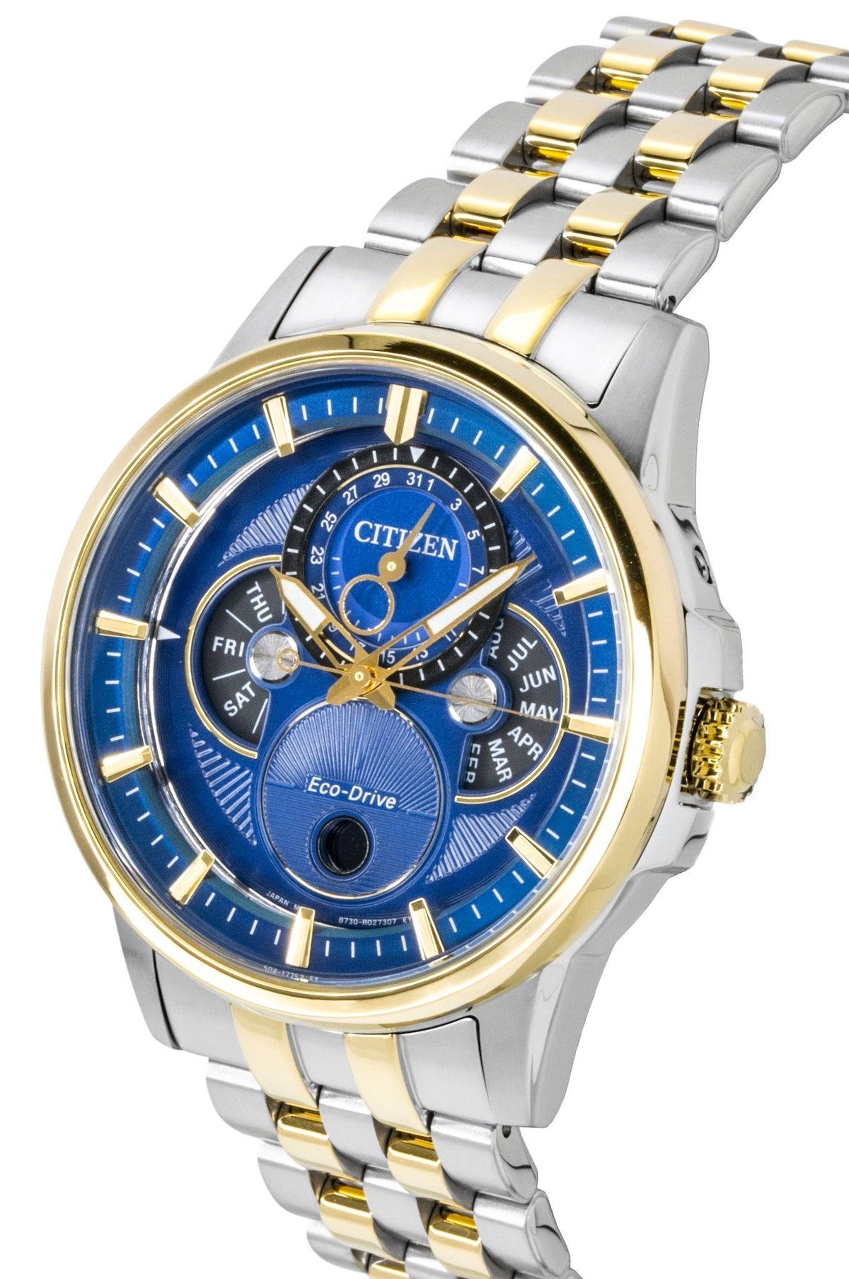 Citizen Calendrier Moonphase Two Tone Stainless Steel Blue Dial Eco-Drive BU0054-52L 100M Men's Watch
