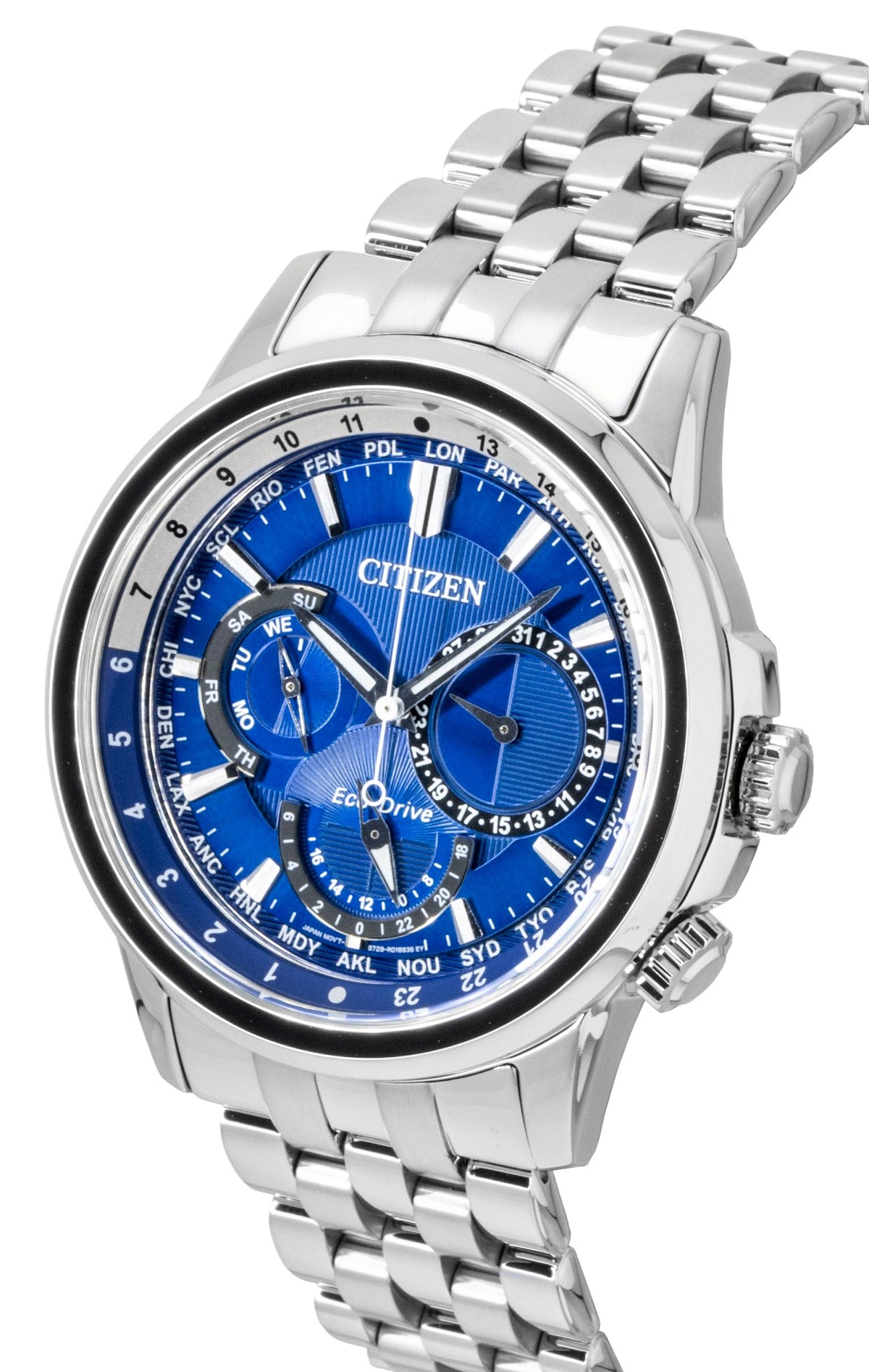 Citizen Calendrier World Time Stainless Steel Blue Dial Eco-Drive BU2021-51L 100M Men's Watch