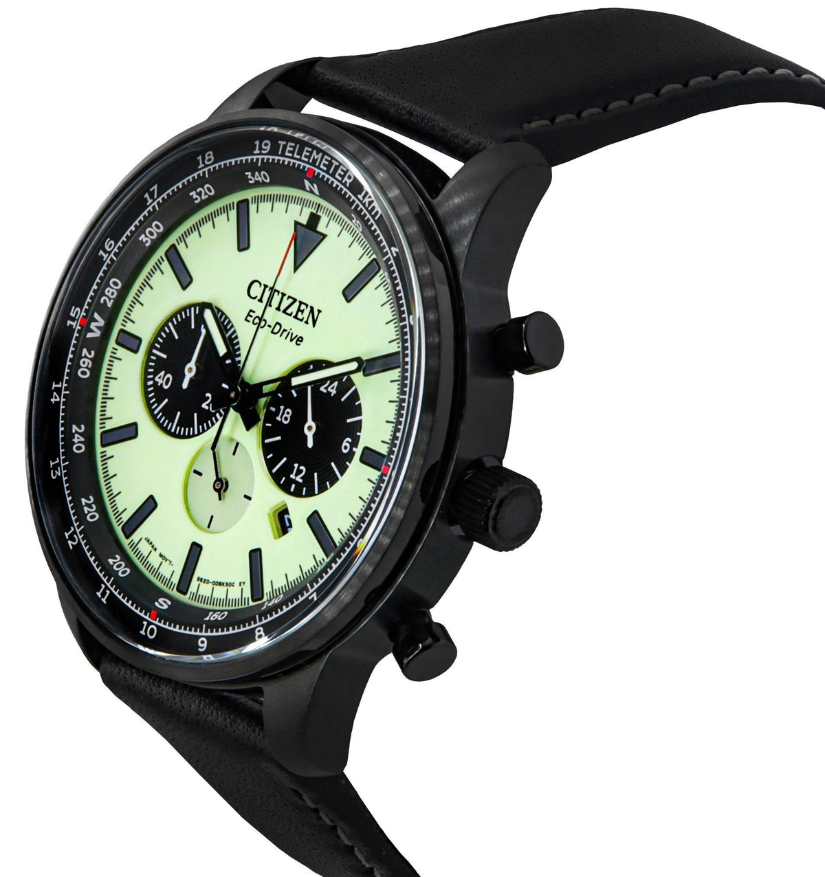 Citizen Eco-Drive Chronograph Leather Strap Full Luminous Green Dial CA4505-21X 100M Men's Watch