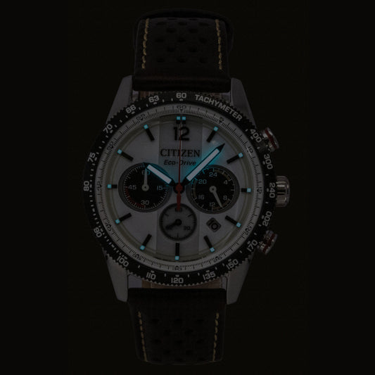 Citizen Eco-Drive Chronograph Analog Brown Leather Strap White Dial Solar CA4714-04A 100M Men's Watch