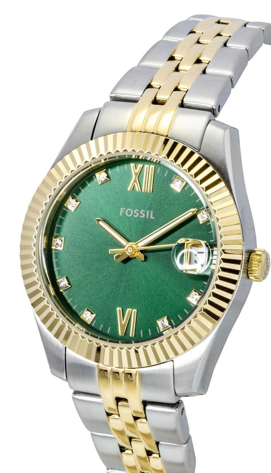 Fossil Scarlette Two Tone Stainless Steel Crystal Accents Green Dial Quartz ES5388 Women's Watch