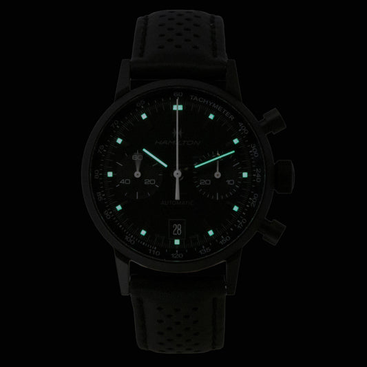 Hamilton American Classic Intra Matic Chronograph Leather Strap Black Dial Automatic H38446730 100M Men's Watch