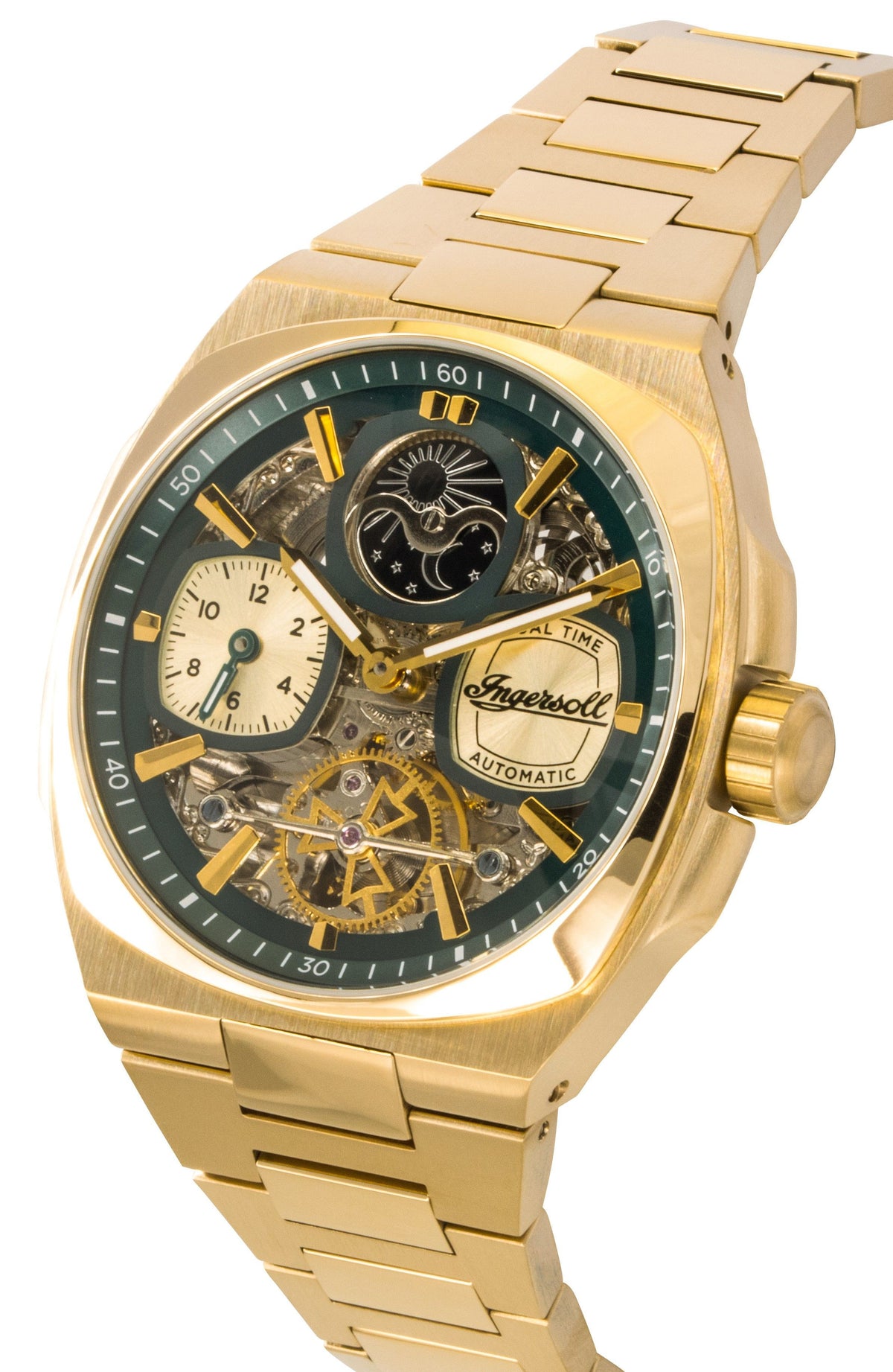 Ingersoll The Spirit Gold Tone Stainless Steel Green Skeleton Dial Automatic I15803 Men's Watch