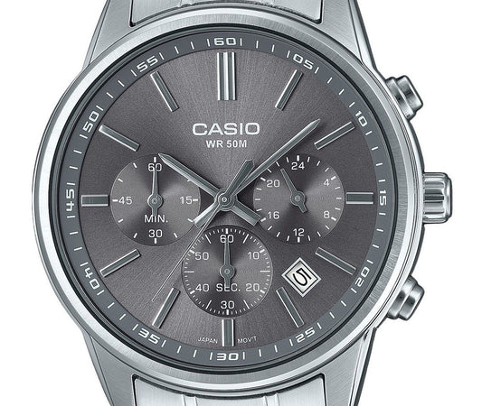 Casio Standard Analog Chronograph Stainless Steel Grey Dial Quartz MTP-E515D-8AV Men's Watch