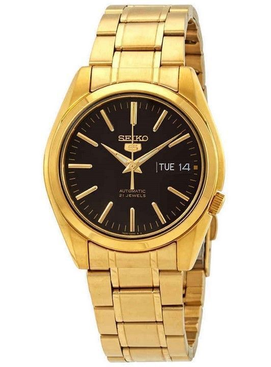 Refurbished Seiko 5 Sports Gold Tone Stainless Steel Black Dial 21 Jewels Automatic SNKL50K1 Men's Watch