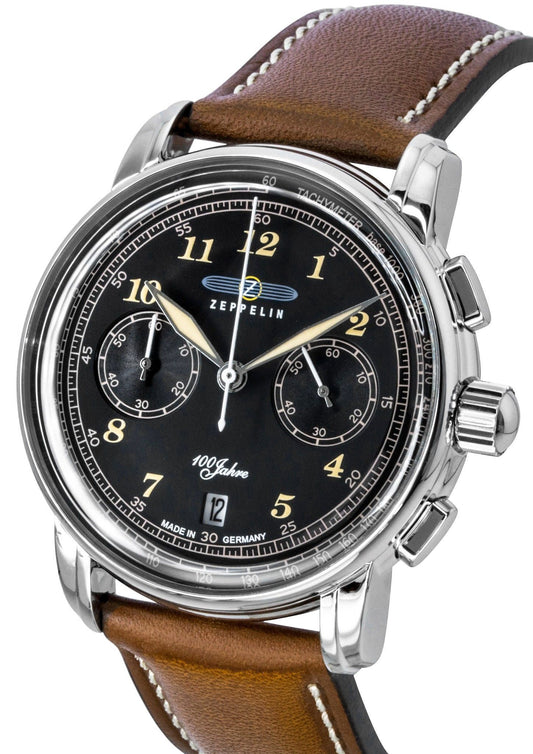 Zeppelin 100 Jahre Chronograph Leather Strap Black Dial Quartz 76743 Men's Watch