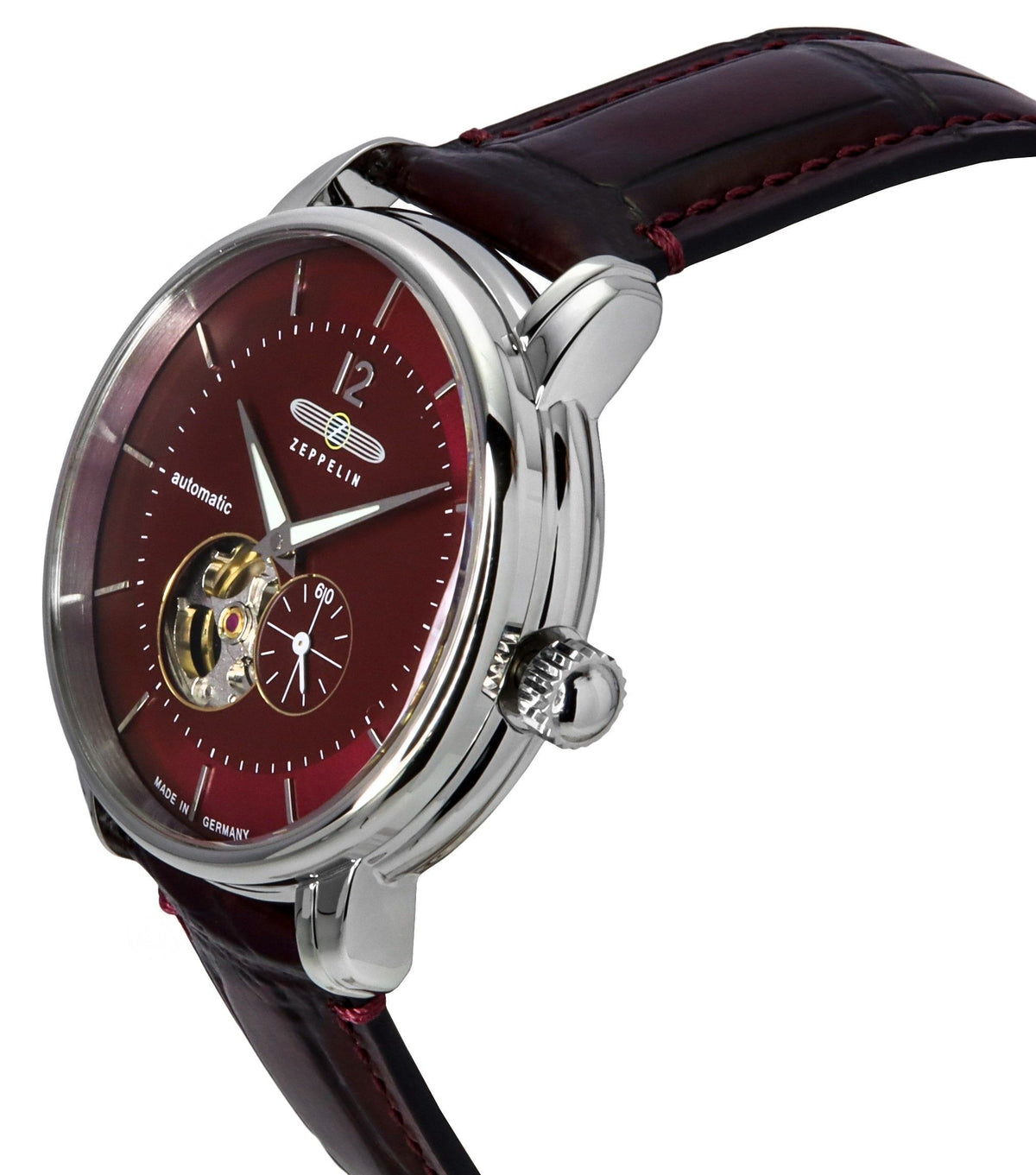 Zeppelin LZ 120 Bodensee Leather Strap Red Open Heart Dial Automatic 81665 Men's Watch