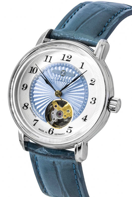 Zeppelin Friedrichshafen Leather Strap Open Heart Blue Dial Automatic 85673 Women's Watch
