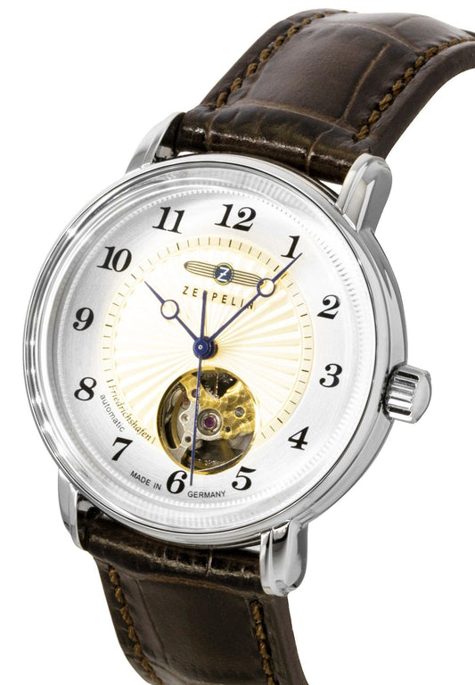 Zeppelin Friedrichshafen Leather Strap Open Heart Gold Dial Automatic 85675 Women's Watch