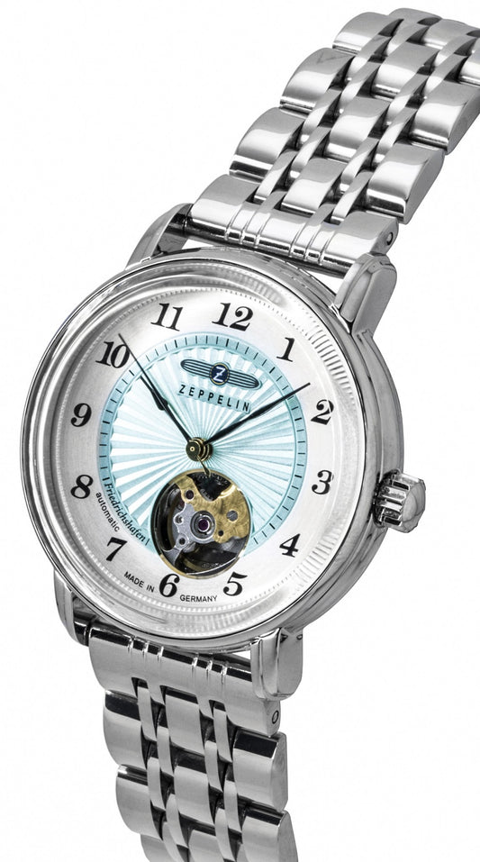 Zeppelin Friedrichshafen Stainless Steel Open Heart Turquoise Dial Automatic 8569M4 Women's Watch