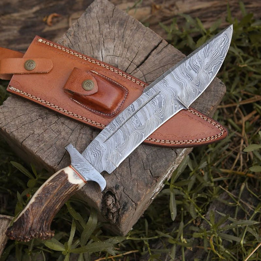 Damascus Stag Bowie Knife with Leather Sheath - Veloce - The App For Watch Collectors