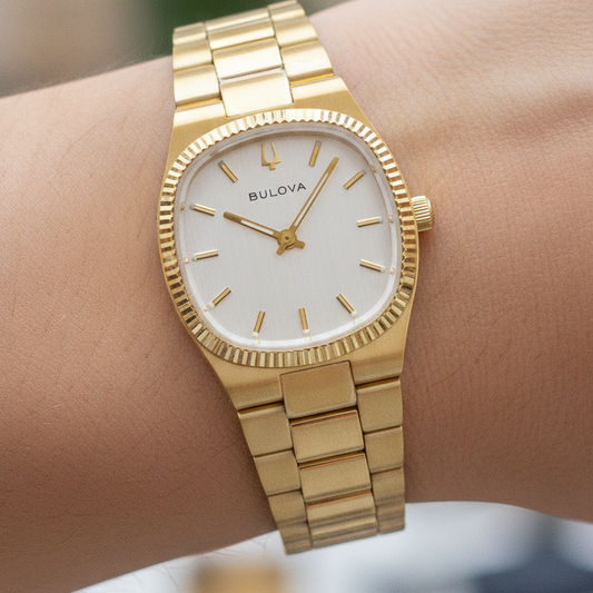 Bulova Super Seville Mini Gold Tone Stainless Steel Silver Dial Quartz 97L189 Women's Watch — lifestyle