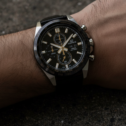 Casio Edifice Analog Chronograph Leather Strap Black Dial Quartz EFR-574BL-1AV 100M Men's Watch — lifestyle