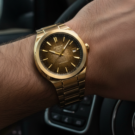 Casio Edifice Analog Gold Tone Stainless Steel Dark Brown Dial Automatic EFK-200DG-5A 100M Men's Watch — lifestyle