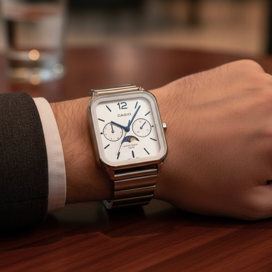 Casio Standard Analog Moon Phase Silver Dial Quartz MTP-M305D-7A Men's Watch — lifestyle