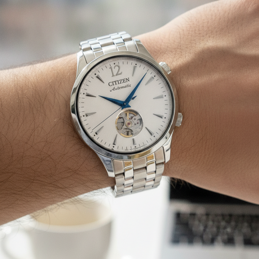 Citizen Stainless Steel Open Heart White Dial Automatic NH9131-73A Men's Watch — lifestyle