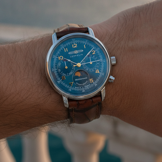 Zeppelin 100 Jahre Mediterranee Moonphase Leather Strap Blue DIal Quartz 96373 Men's Watch — lifestyle