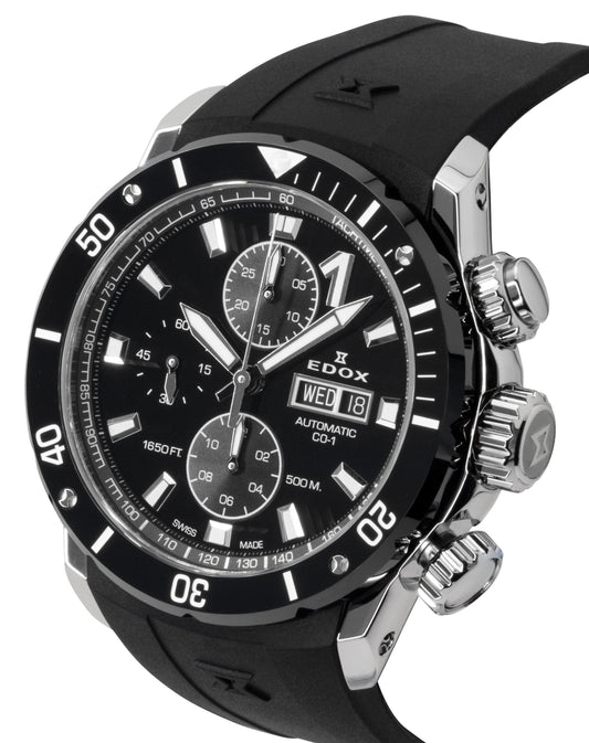 Edox CO-1 Chronograph Rubber Strap Black Dial Automatic Diver's 01128-3NRCA-NN 500M Men's Watch