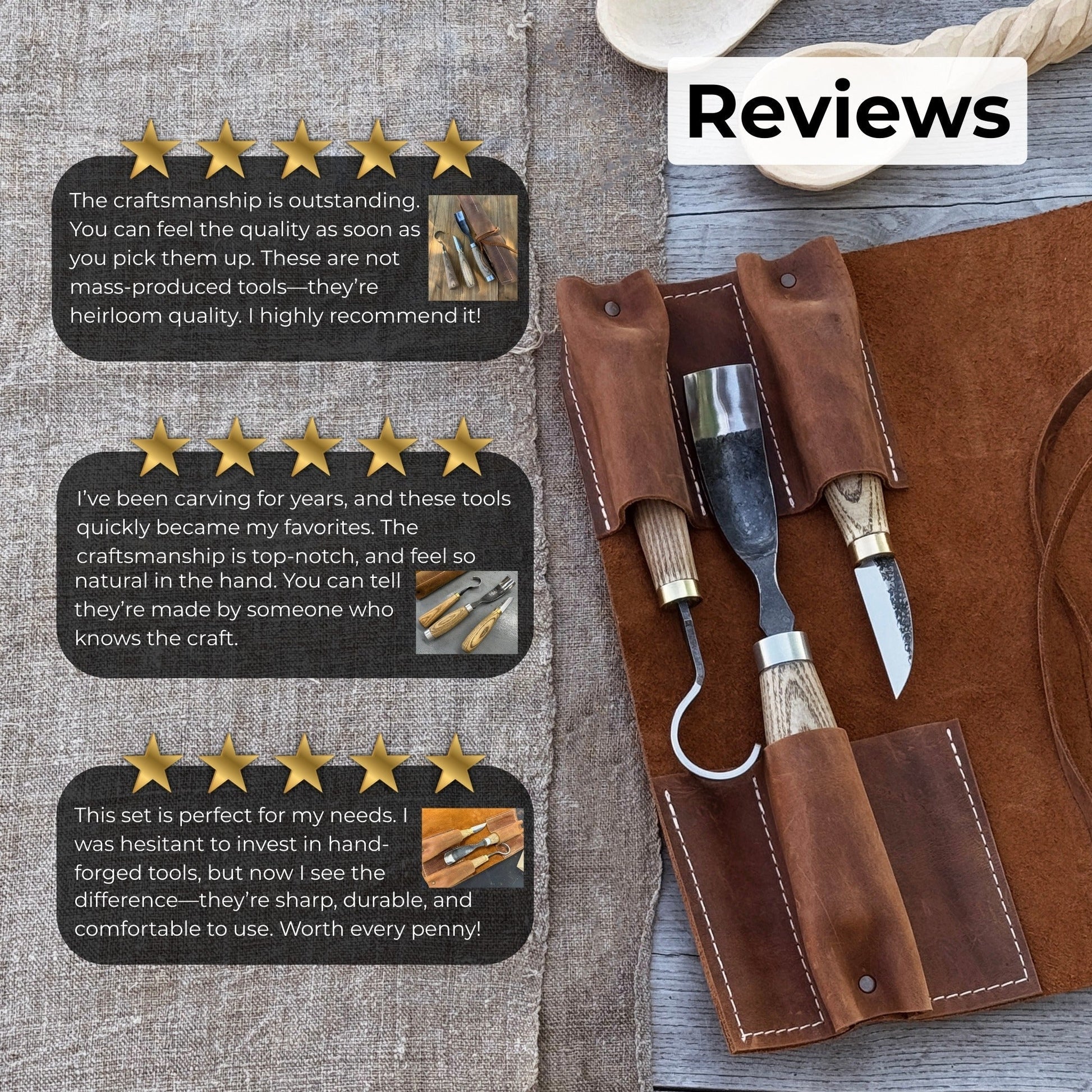 3 - Piece Spoon Carving Set with Leather Roll - Veloce - The App For Watch Collectors