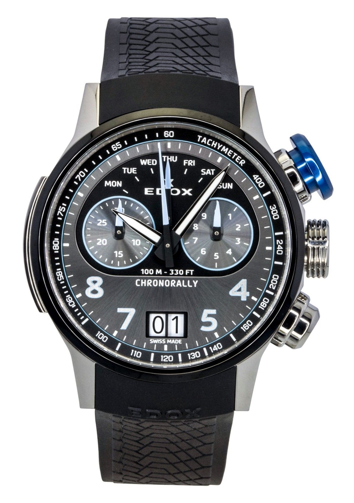 Edox Chronorally Chronograph Rubber Strap Grey Dial Quartz 38003-TINBU-GNBU 100M Men's Watch
