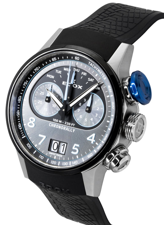 Edox Chronorally Chronograph Rubber Strap Grey Dial Quartz 38003-TINBU-GNBU 100M Men's Watch