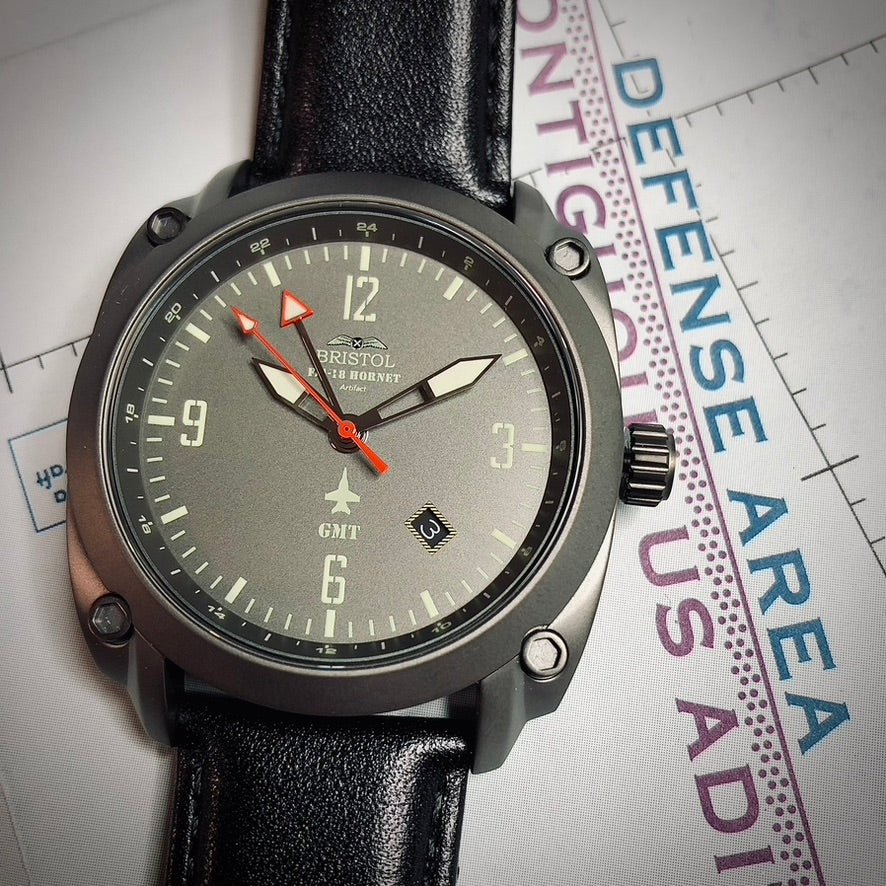 F 18 Hornet Tribute Gun Metal Gray Dial Black Leather Band - Veloce - The App For Watch Collectors