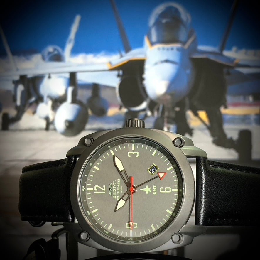 F 18 Hornet Tribute Gun Metal Gray Dial Black Leather Band - Veloce - The App For Watch Collectors