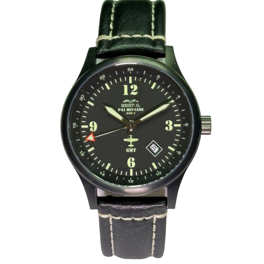 P51 Mustang Tribute Watch Steel Black Leather Classic Band - Veloce - The App For Watch Collectors