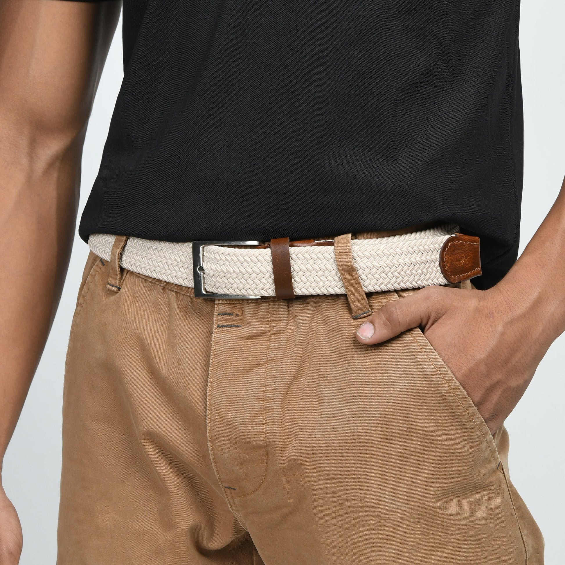 Cream & Brown Braided Canvas Leather Belt - Veloce - The App For Watch Collectors