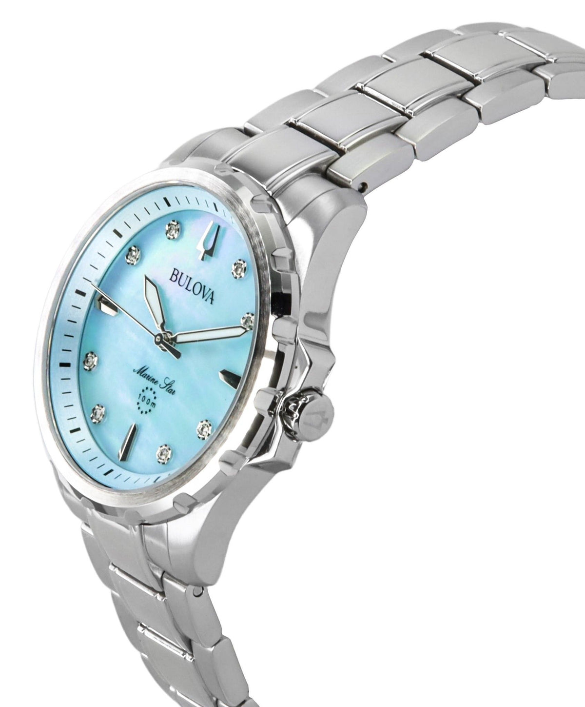 Bulova Marine Star Diamond Accents Stainless Steel Blue Mother Of Pearl Dial Quartz 96P248 100 Women's Watch