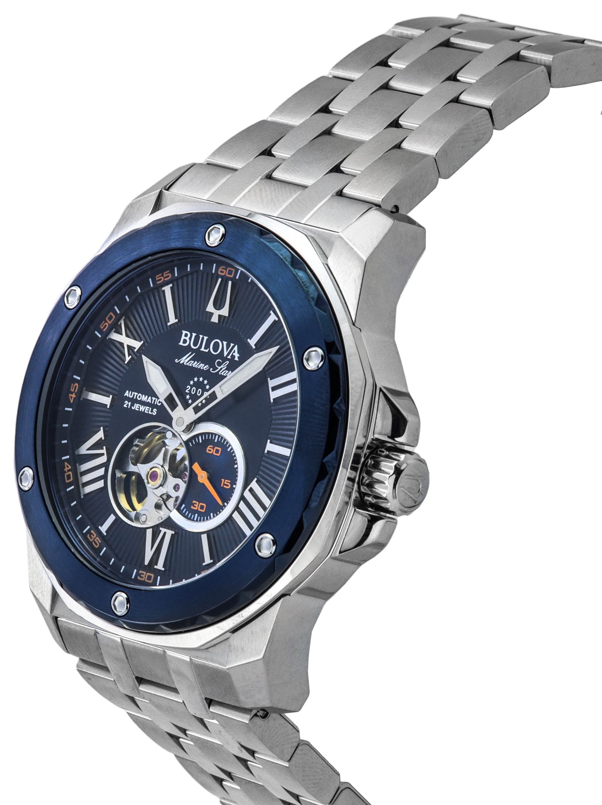 Bulova Marine Star Stainless Steel Open Heart Blue Dial Automatic 21 Jewels 98A302 200M Men's Watch