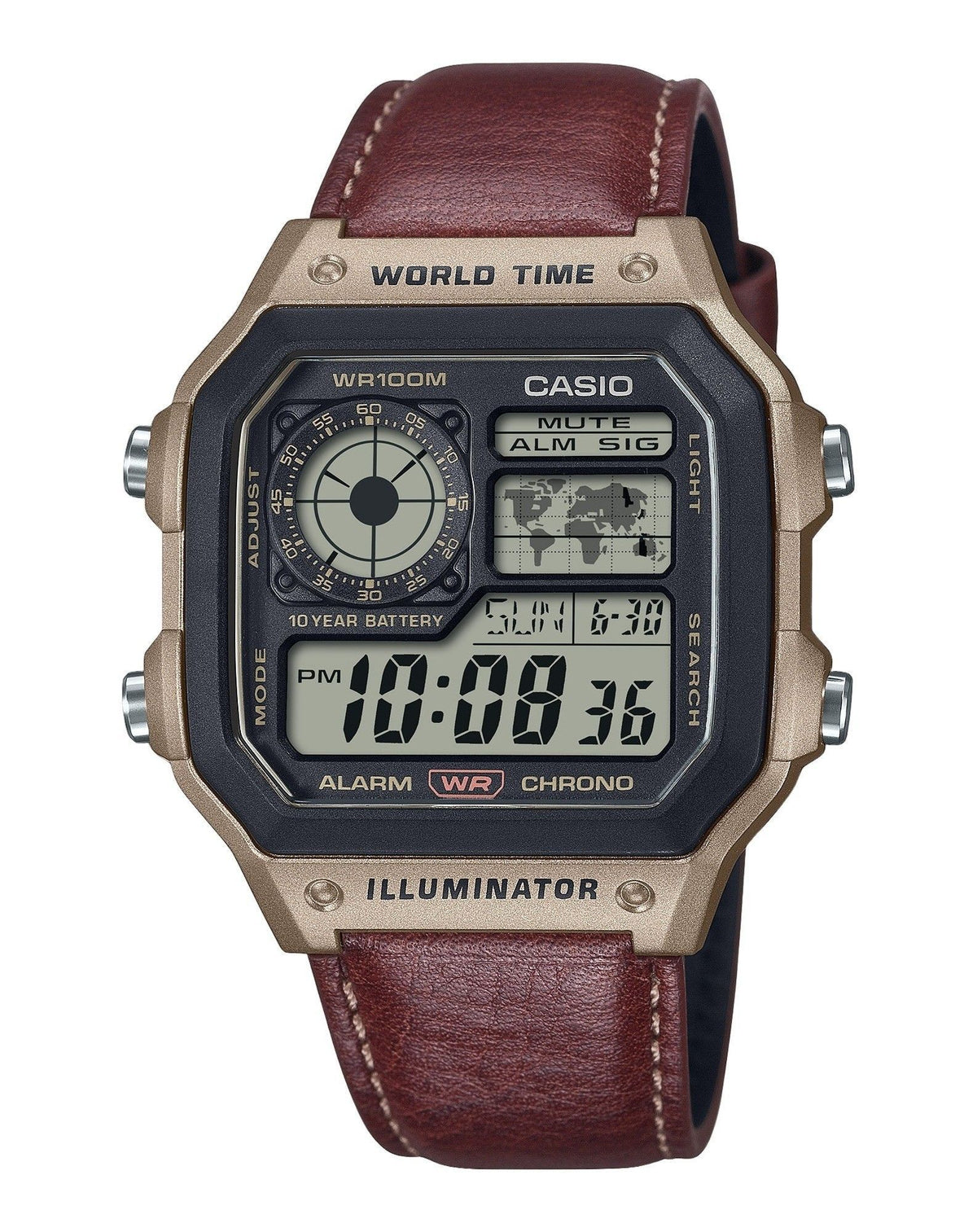 Casio Standard Digital World Time Leather Strap Quartz AE-1200WHL-5AV 100M Men's Watch