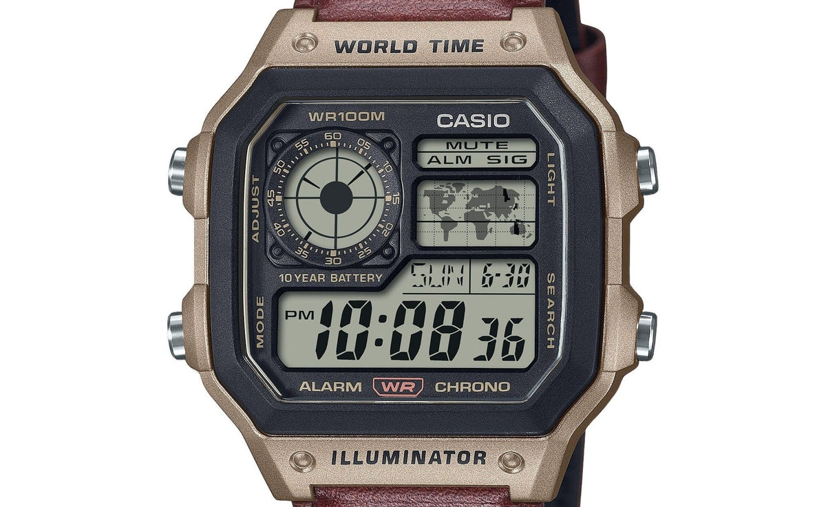 Casio Standard Digital World Time Leather Strap Quartz AE-1200WHL-5AV 100M Men's Watch