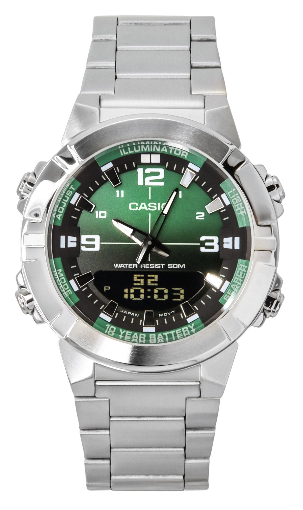 Casio Analog Digital Combination Stainless Steel Green Dial Quartz AMW-870DA-3AV Men's Watch
