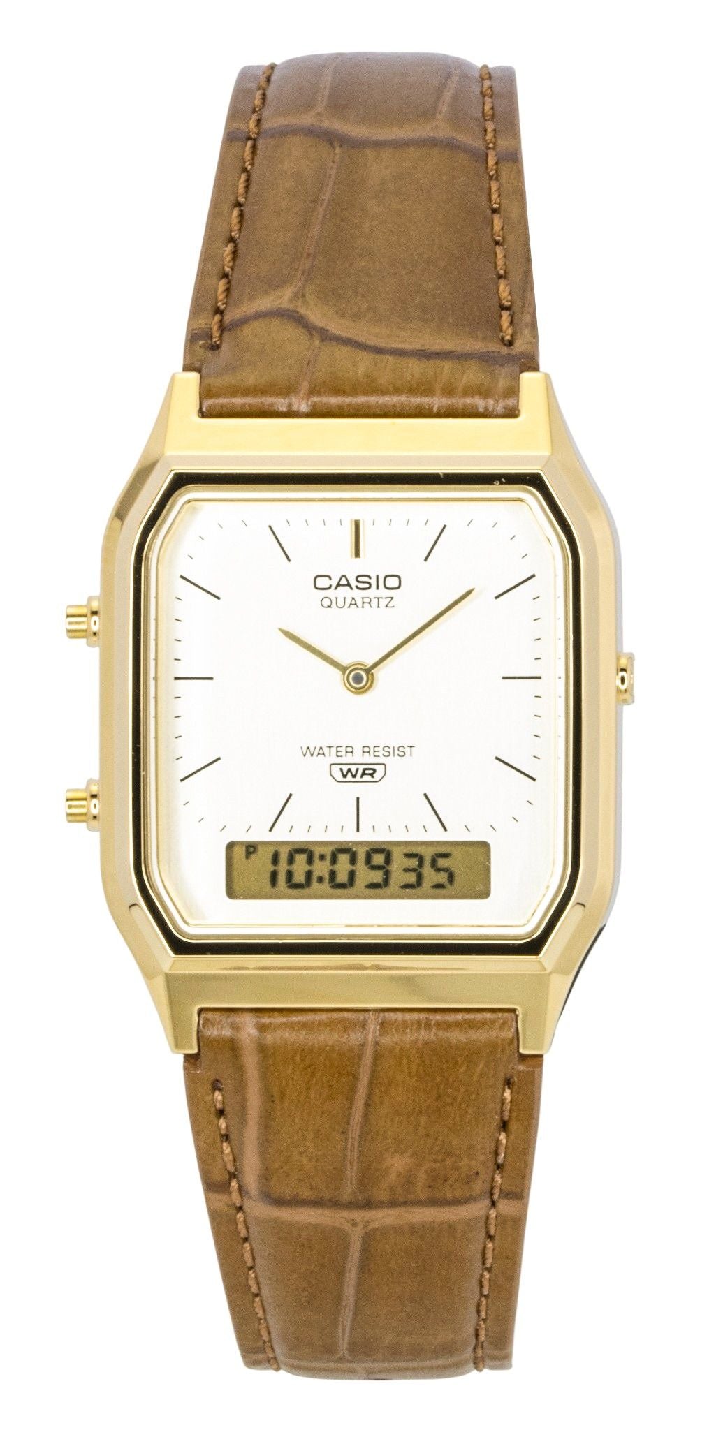 Casio Vintage Analog Digital Leather Strap Gold Dial Quartz AQ-230EGL-9A Unisex Watch