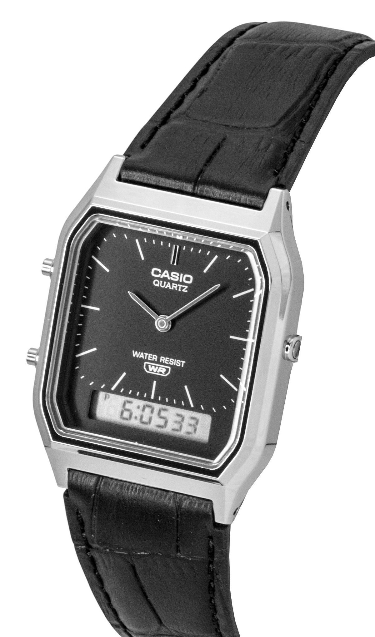 Casio Vintage Analog Digital Leather Strap Black Dial Quartz AQ-230EL-1A Unisex Watch