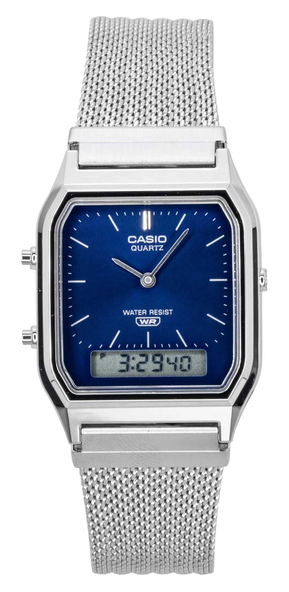 Casio Vintage Analog Digital Stainless Steel Mesh Bracelet Blue Dial Quartz AQ-230EM-2A Unisex Watch