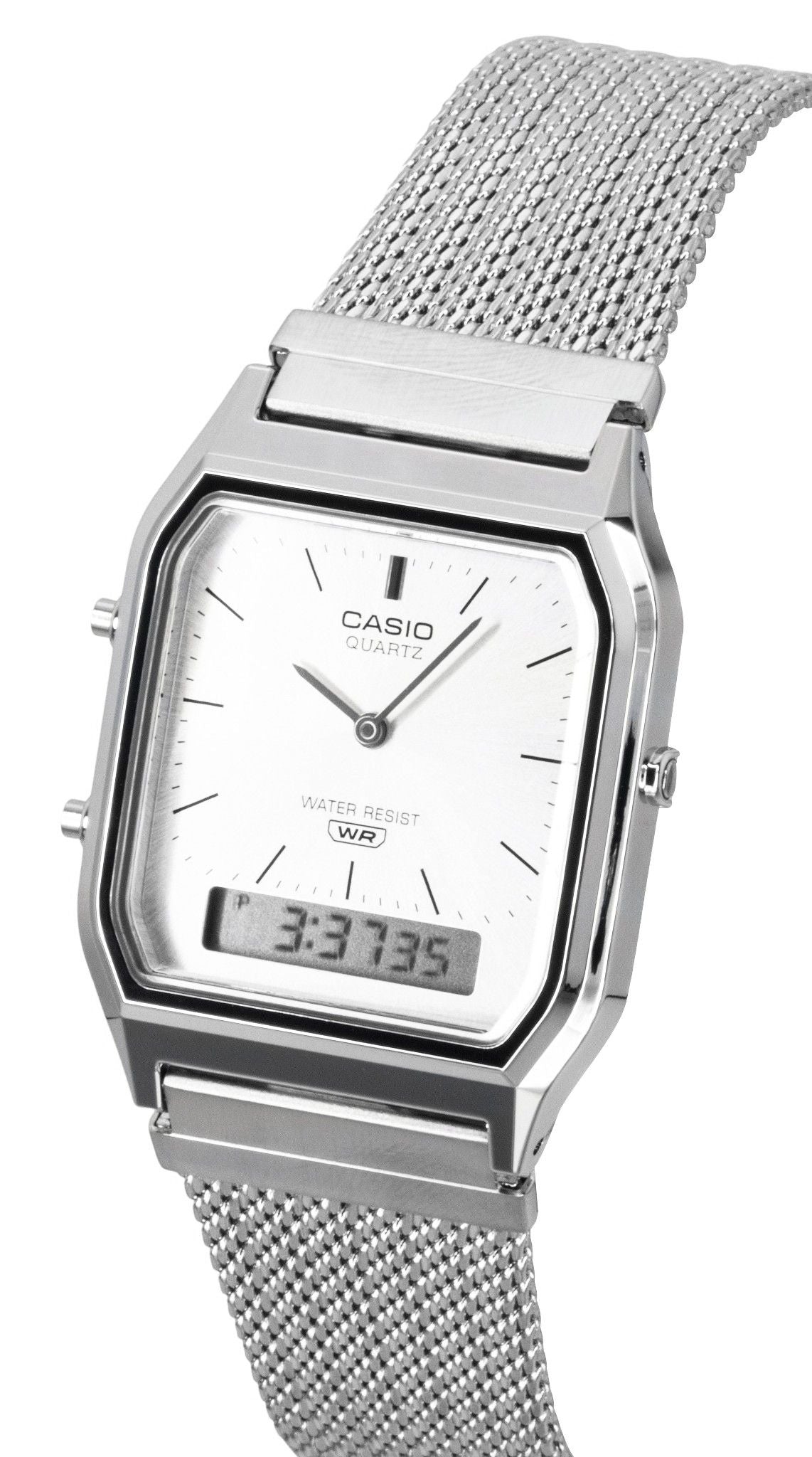 Casio Vintage Analog Digital Stainless Steel Mesh Bracelet Silver Dial Quartz AQ-230EM-7A Unisex Watch
