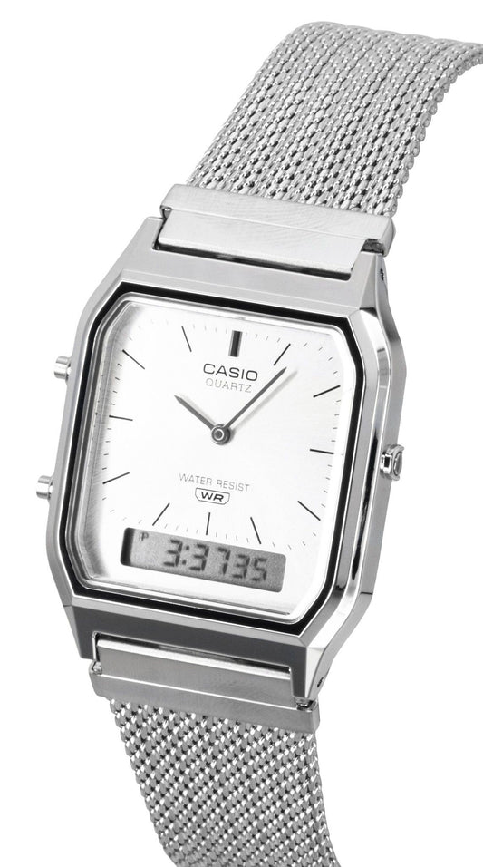 Casio Vintage Analog Digital Stainless Steel Mesh Bracelet Silver Dial Quartz AQ-230EM-7A Unisex Watch