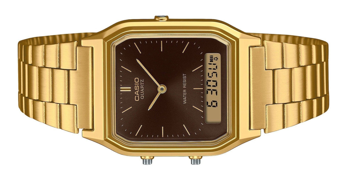 Casio Vintage Analog Digital Gold Tone Stainless Steel Brown Dial Quartz AQ-230GA-5A Unisex Watch