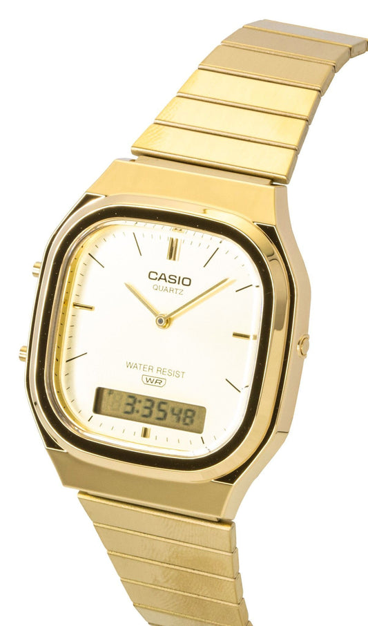 Casio Vintage Analog Digital Gold Tone Stainless Steel Gold Dial Quartz AQ-240EG-9A Unisex Watch