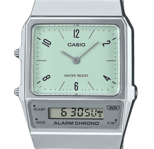 Casio Vintage Analog Digital Dual Time Stainless Steel Bracelet Green Dial Quartz AQ-800E-3A Unisex Watch
