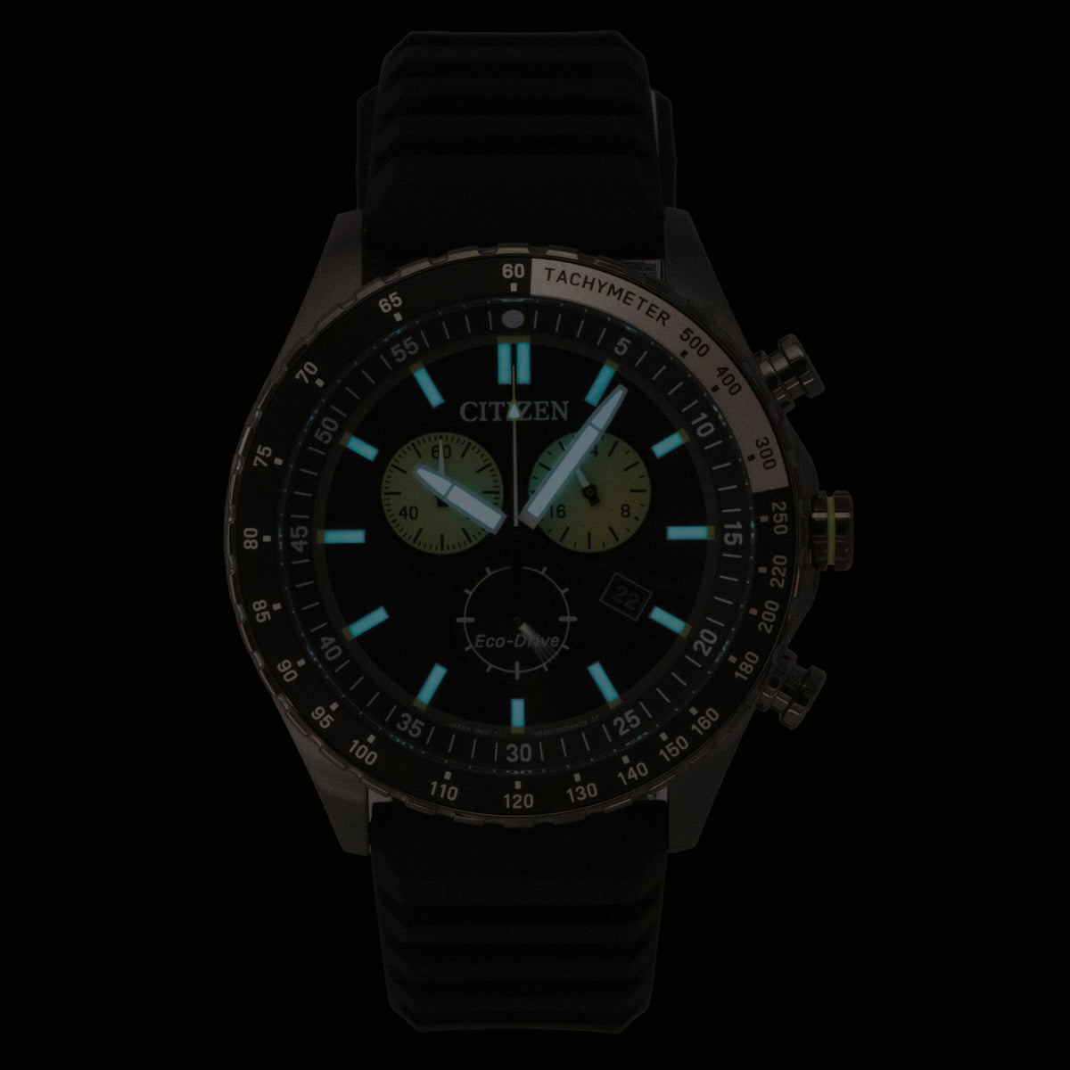 Citizen Eco-Drive Chronograph Silicone Strap Black Dial Solar AT2565-05E 100M Men's Watch