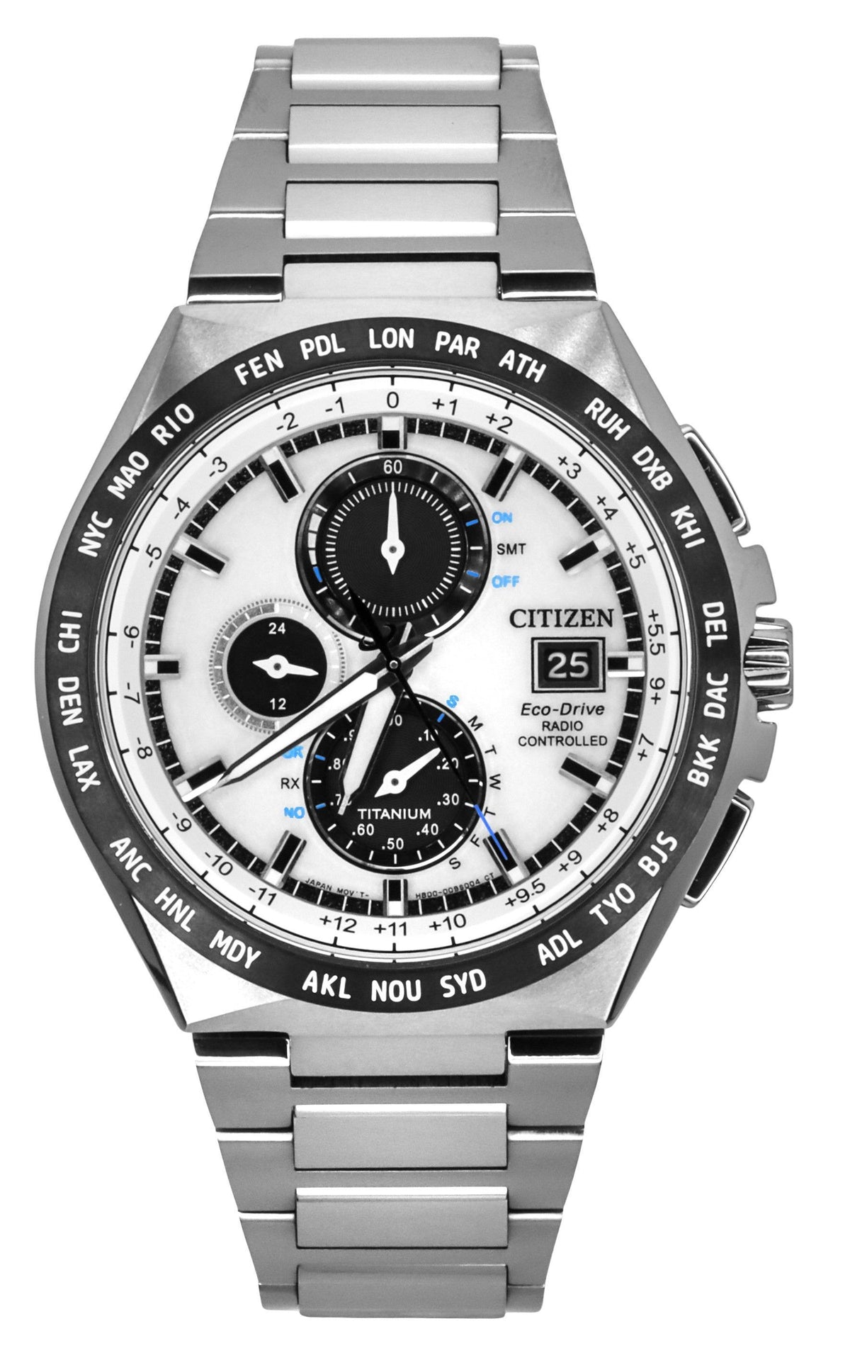 Citizen Eco-Drive Radio Controlled GMT Chronograph Super Titanium Silver Dial AT8238-84A 100M Men's Watch