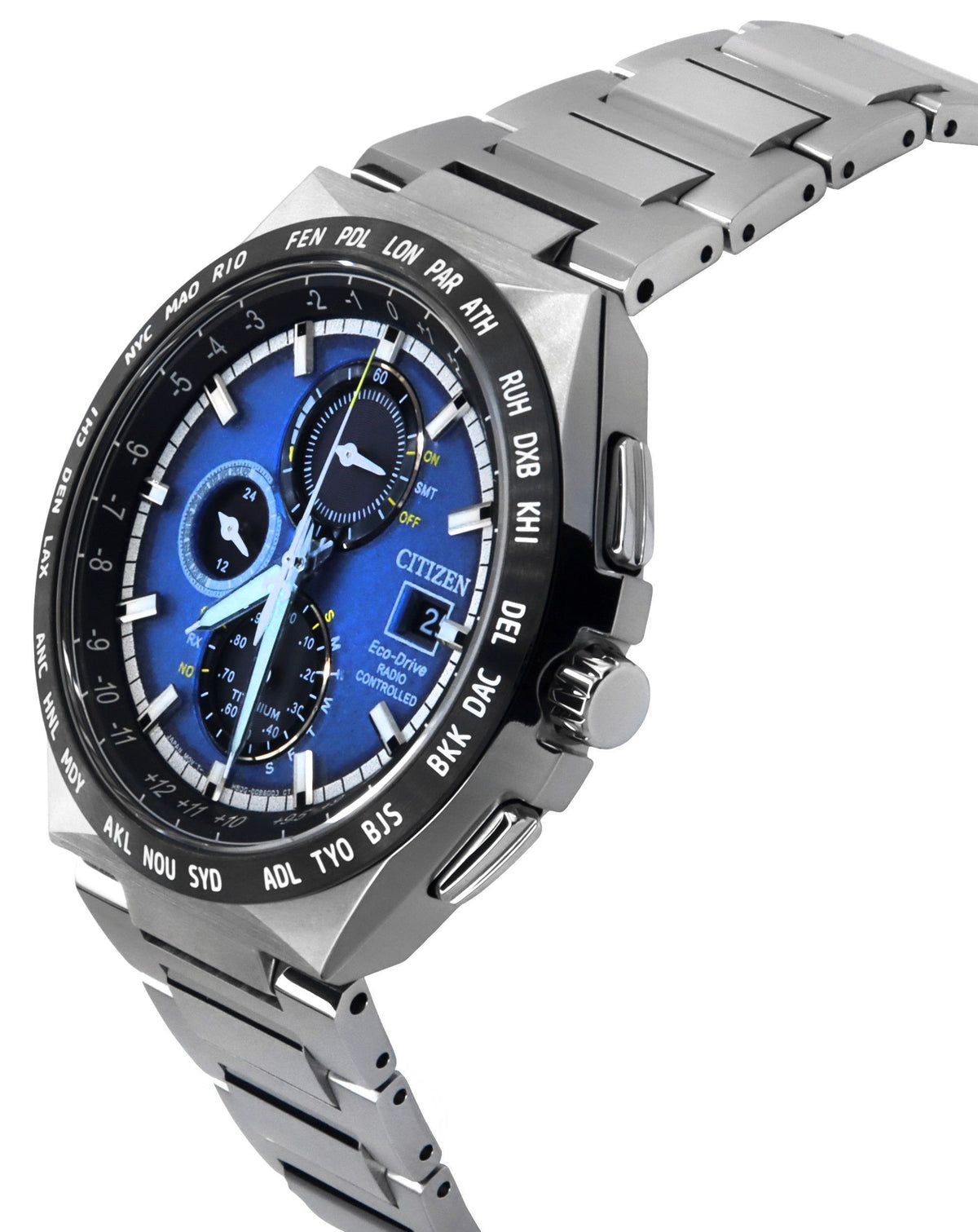 Citizen Eco-Drive Radio Controlled GMT Chronograph Super Titanium Blue Dial AT8238-84L 100M Men's Watch