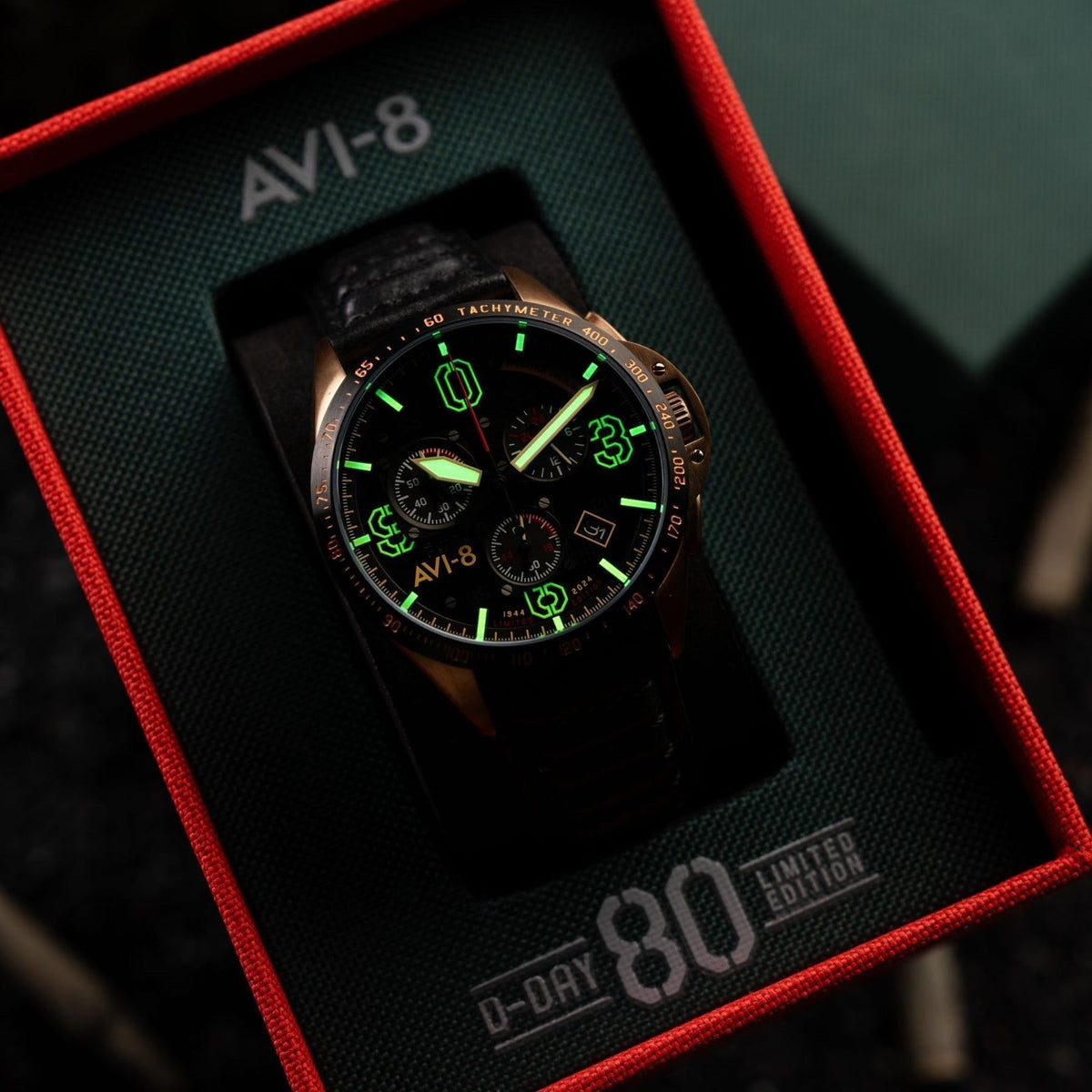 AVI-8 P-51 Mustang Blakeslee Chronograph D-Day 80 Limited Edition Omaha Black Dial Quartz AV-4077-06 Men's Watch