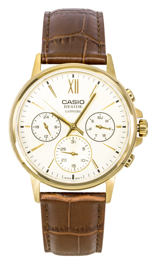 Casio Beside Analog Leather Strap Gold Dial Quartz BMS-300GL-5AV Men's Watch