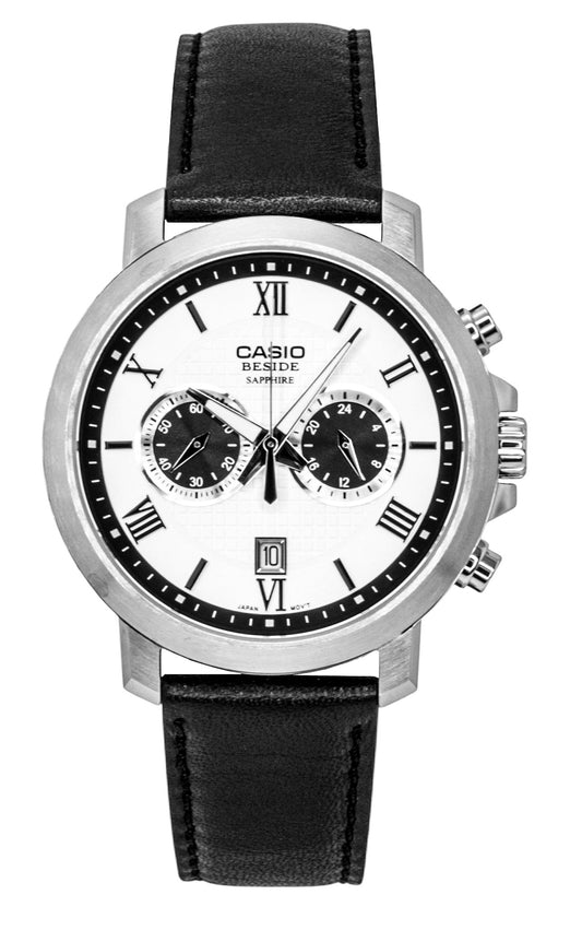 Casio Beside Chronograph Analog Leather Strap White Dial Quartz BMS-500L-7A Men's Watch